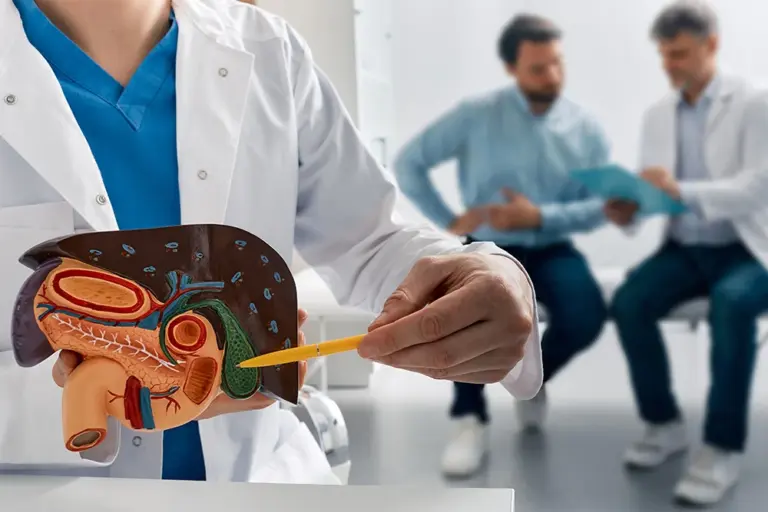 Doctor holding 3D model of gallbladder and talking with patient
